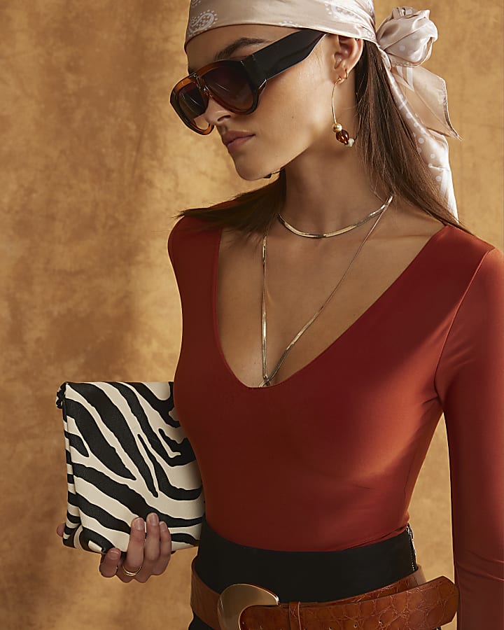 Orange Long Sleeve V Neck Bodysuit