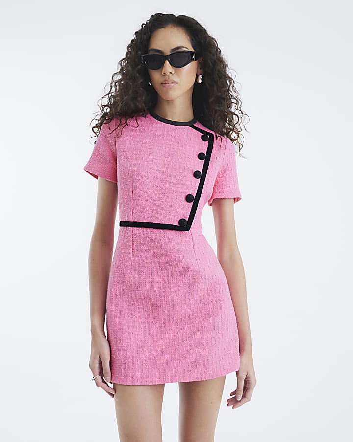 Pink Short Sleeve Tipped Boucle Shift Dress