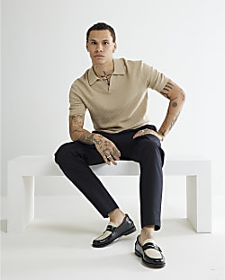 Beige Short Sleeve Open Collar Polo Shirt