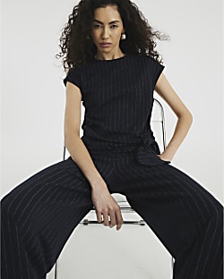 Navy Short Sleeve Pinstripe Tie Detail Top