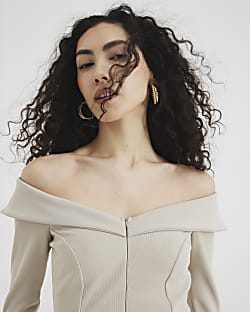 Beige Long Sleeve Ribbed Zip Front Bardot Top