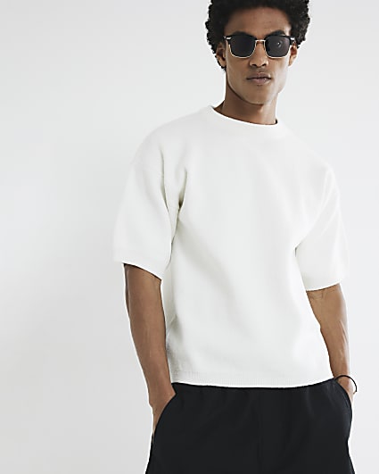 Ecru Short Sleeve Boucle Knitted T-Shirt