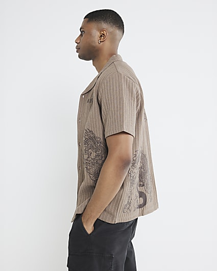 Brown Striped Dragon Embroidered Shirt