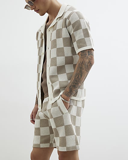 Stone Knitted Check Shorts
