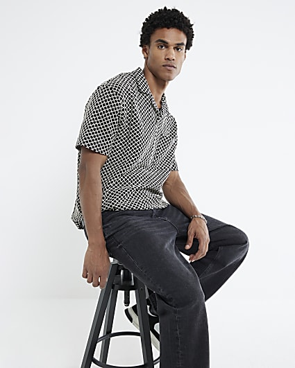 Black Geometric Open Neck Polo Shirt