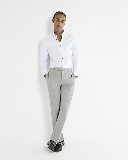 White Long Sleeve Textured Muscle Fit Shirt