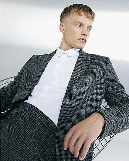 Grey Tailored Fit Textured Check Suit Jacket