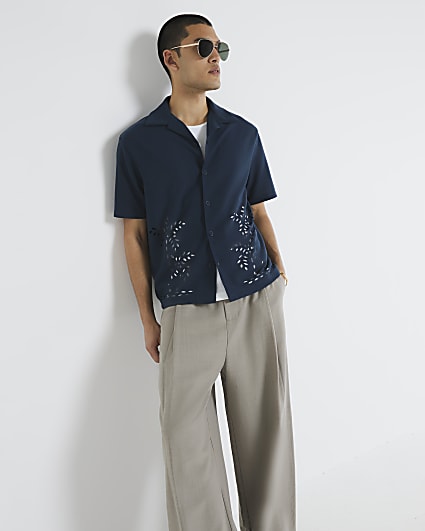 Navy Laser Cut Short Sleeve Shirt