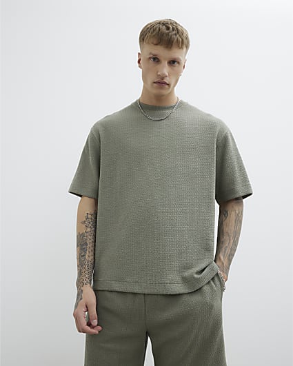 Khaki Oversized Textured Crinkled T-shirt