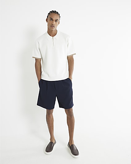 Navy Relaxed Waffle Pleated Shorts