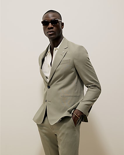 Green Slim Fit Linen Blend Suit Jacket