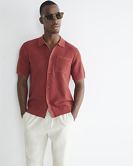 Red Regular Fit Short Sleeve Crochet Shirt