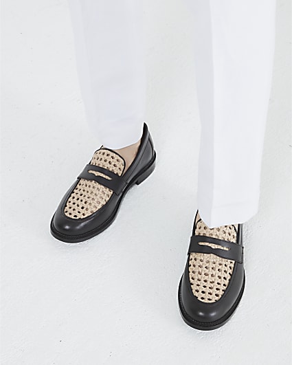 Brown Leather Weave Detail Loafers