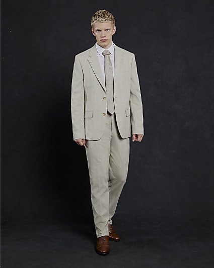 Beige Check Slim Suit Trousers