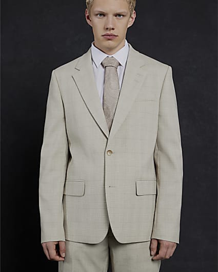 Beige Check Slim Suit Jacket