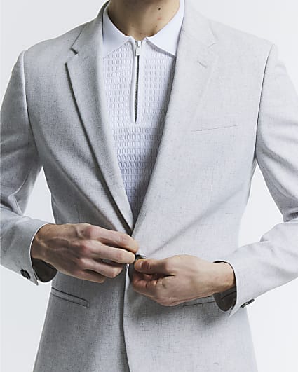 Grey Skinny Fit Textured Blazer Jacket