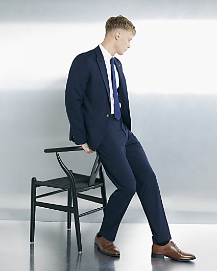 Navy Slim Fit Check Suit Trousers