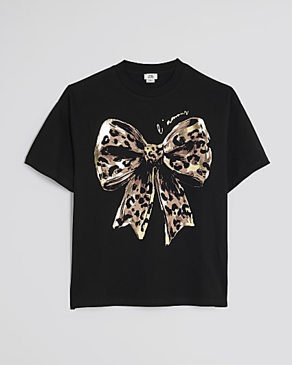 Girls Black Leopard Bow T-Shirt