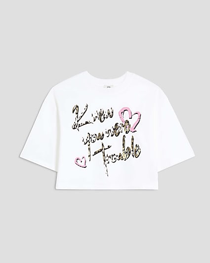 Girls White Leopard Slogan T-Shirt