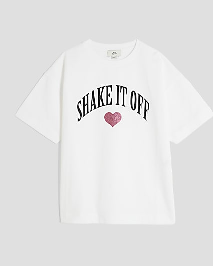 Girls White Glitter Heart Side Split T-shirt