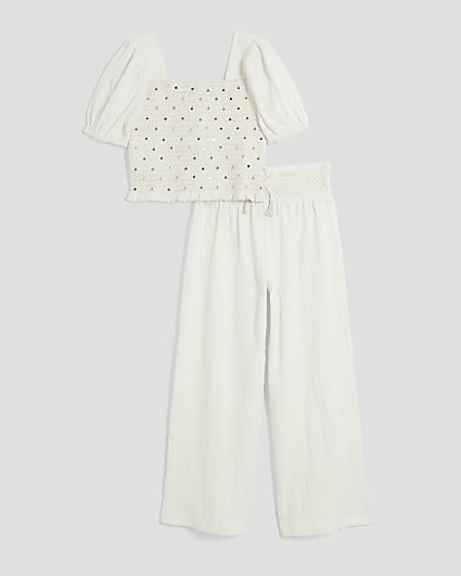Girls White Lurex Shirred Crop Top Set