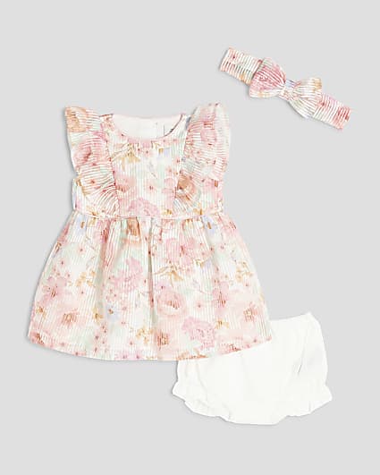 Baby Girls Coral Floral Burnout Bow Dress Set