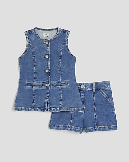 Girls Blue Denim Waistcoat And Shorts Set