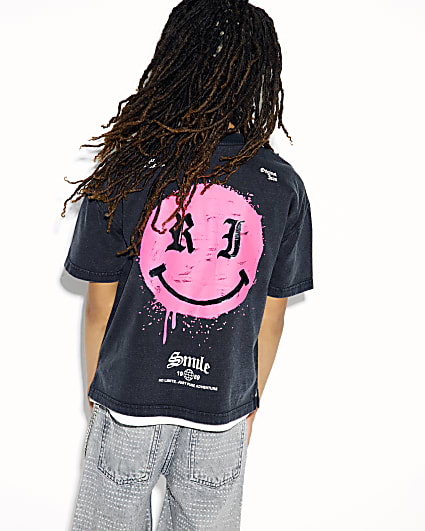 Boys Black Washed Smile Graphic T-Shirt