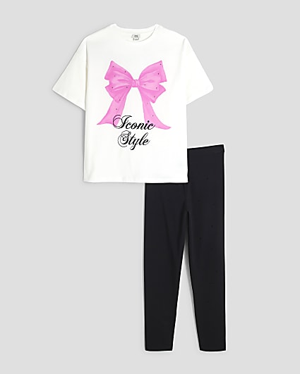 Girls White Bow T-Shirt And Leggings Set