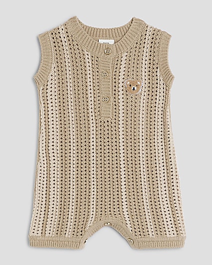 Baby Boys Beige Striped Crochet Bear Romper
