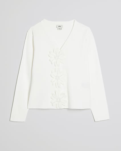Girls White 3D Flower Cardigan