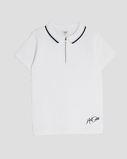 Boys White Zip Textured Polo Shirt