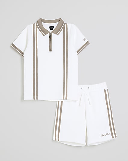 Boys White Textured Stripe Polo Set