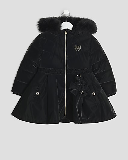 Mini Girls Black Hooded Peplum Padded Coat
