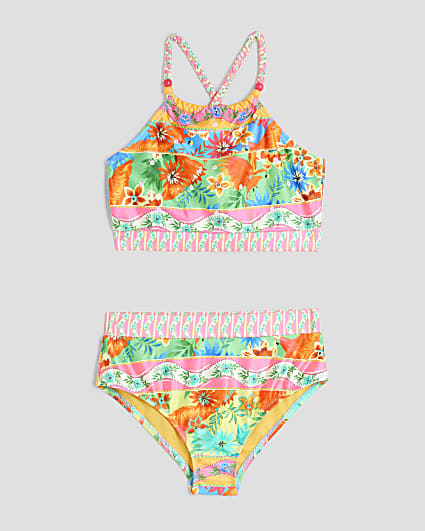Girls Orange Tropical Stripe Bikini Set