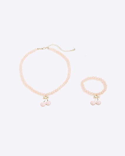 Girls Pink Cherry Bracelet And Necklace Set