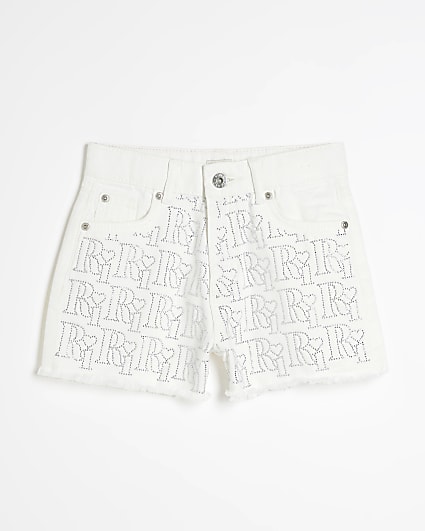 Girls White Diamante Monogram Mom Shorts