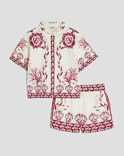 Girls Red Bordered Printed Shirt Set