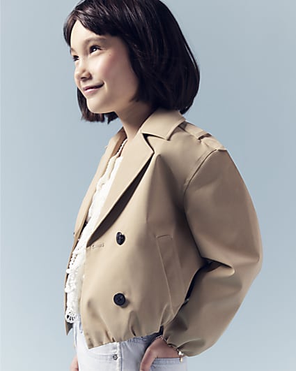 Girls Beige Bubble Hem Short Trench Coat