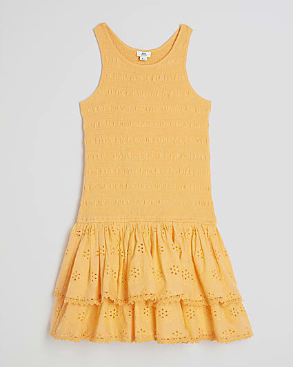 Girls Orange Shirred Broderie Rara Dress