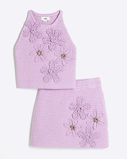 Girls Purple Crochet Floral Top & Skirt Set