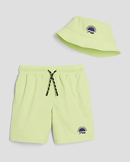 Boys Lime Swim Shorts And Hat Set