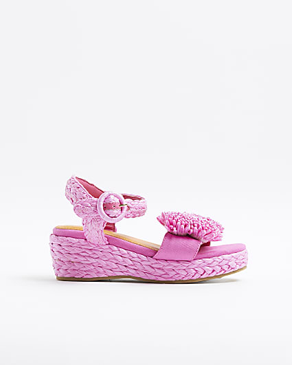Girls Pink Raffia Wedge Sandals
