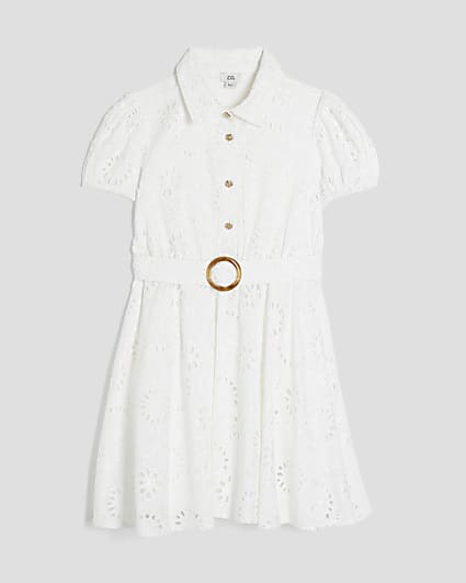Girls White Broderie Belted Shirt Dress