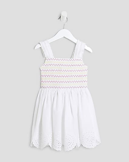 Mini Girls White Broidery Hem Skater Dress