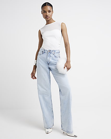 Blue high waisted relaxed straight leg jeans