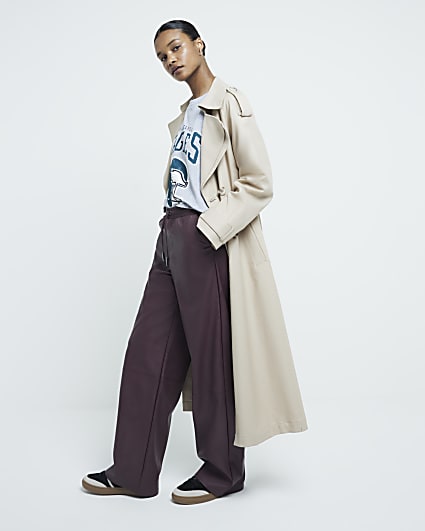 Purple Faux Leather Wide Leg Trousers
