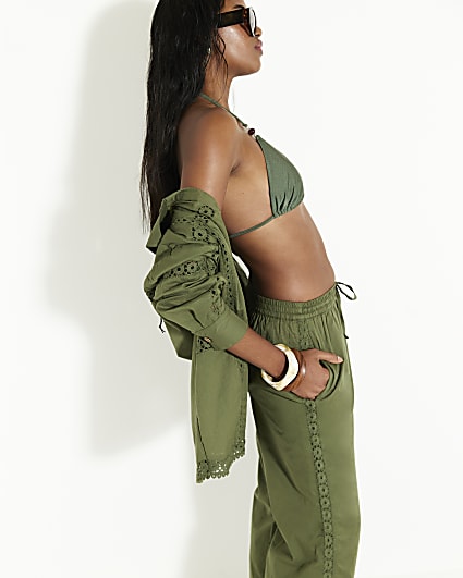 Khaki Lace Insert Wide Leg Trousers