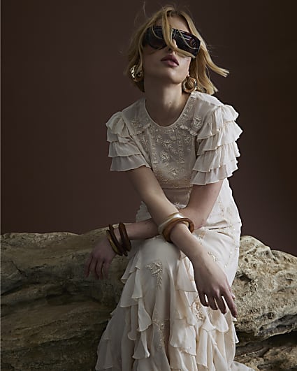 Pink Premium Ruffle Embroidered Maxi Dress