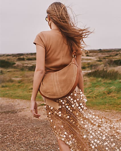 Brown Suede Knot Handle Slouchy Shoulder Bag